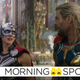 Natalie Portman and Chris Hemsworth as the Mighty Thor and Thor Odinson.